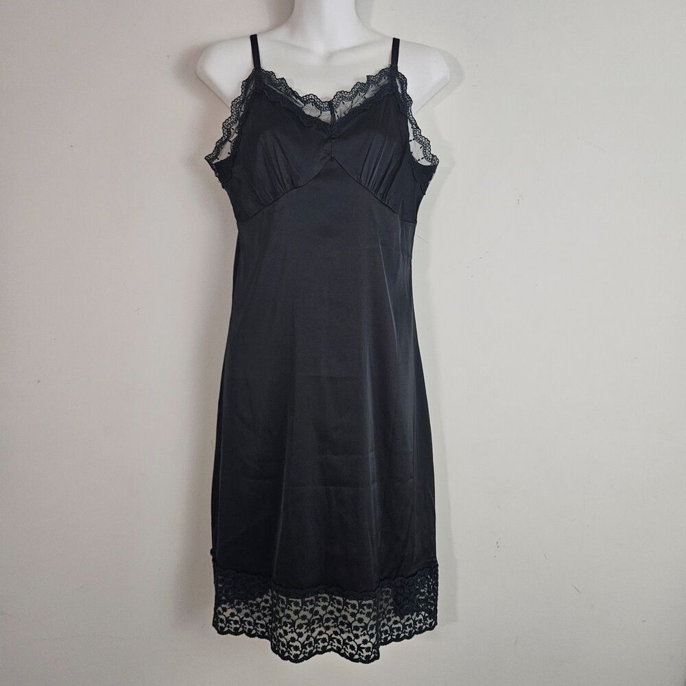Belle Poque Slip Dress Medium Black Midi Satin Lace Coquette Girl Whimsygoth